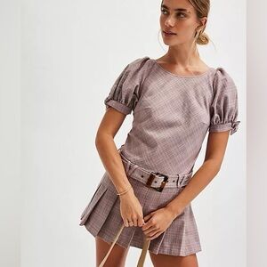 NWOT Free People Sevi Plaid Mini Dress in muted pink plaid